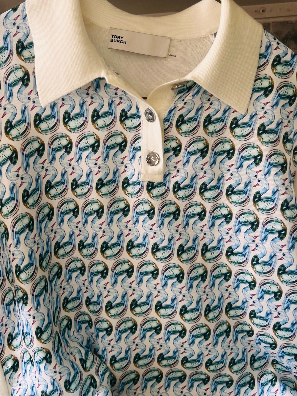 Tory Burch Cream and Blue Patterned Polo - Picture 1 of 4